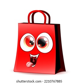 Shopping Red Paper Bag Funny Dracula. Halloween Sale Concept