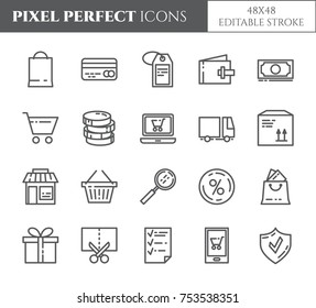 Shopping relaited pixel perfect icons set with different elements of commerce and delivery theme. Isolated 48x48 pixels pictograms vector illustration with editable stroke.