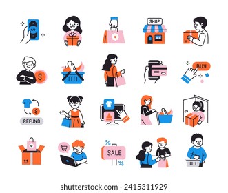 Shopping related color icons set. People with shopping bags and carts with groceries. Making purchases. Sale, discount and special offer. Cartoon linear vector collection isolated on white background