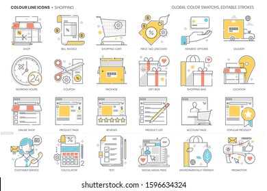 Shopping related, color line, vector icon, illustration set. The set is about marketplace, business, order, affiliate, promotion, commerce, product, e-commerce.