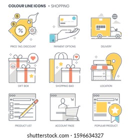 Shopping related, color line, vector icon, illustration set. The set is about marketplace, business, order, affiliate, promotion, commerce, product, e-commerce.