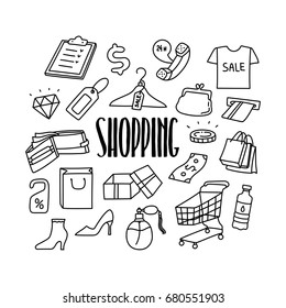 Shopping related hand drawn doodle icons set.