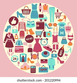 Shopping related icons made in circle shape  Clothing and shoes