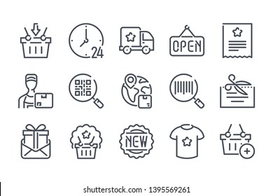 Shopping related line icon set. Delivery linear icons. Retail outline vector signs and symbols collection.