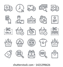 Shopping related line icon set. Delivery linear icons. Retail outline vector signs and symbols collection.