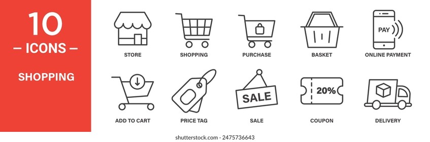 Shopping related vector icon set includes store, purchase, basket, online payment, add to cart, price tag, sale, coupon, delivery, and more icons