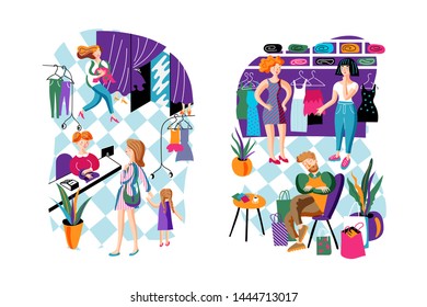 Shopping relax flat vector characters set. Mother and daughter in clothing store. Cartoon girls choosing new outfits, dresses in fitting room. Tired man, husband, father waiting, snoozing in chair