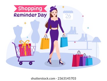 Ilustración de vectores del día de recordatorio de compras el 26 de noviembre con bolsa y artículos para afiches o promociones en plantillas de diseño de fondo de dibujos planos