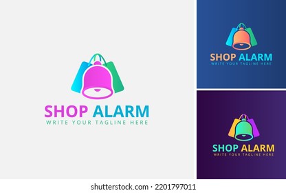 Shopping Reminder Logo Design. Shopping Logo With Bell Icon And Carry Bag, Shop Notification, Online Shopping Alert Vector Template.