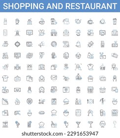 Shopping and restaurant outline icons collection. Shopping, Restaurant, Shopping Mall, Boutique, Cafe, Grocery, Bistro vector illustration set. Store, Grocer, Eatery line signs