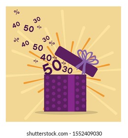 Shopping and retail concept vector illustration with gift package. Sale % 20-50 discount vector 