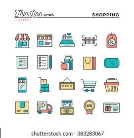 Shopping, retail, delivery, gift card, discount and more, thin line color icons set, vector illustration