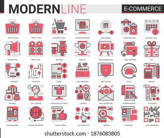 Shopping retail, e-commerce complex flat line icon set vector illustration. Commercial shop website app symbols for online order, free shopping delivery, customer web support call center.