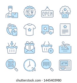 Shopping, Retail and E-commerce related blue line colored icons.