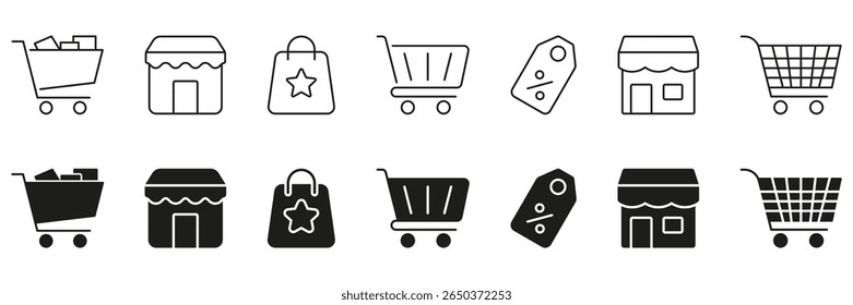 Shopping And Retail Icon Set. E-Commerce, Online Shopping, And Discount Symbol Collection. Shopping Cart, Storefront, Bag, And Price Tag Icons. Isolated Vector Illustration.