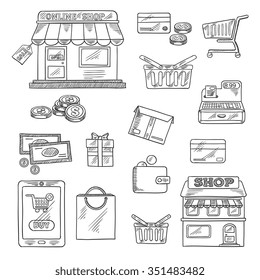 Shopping And Retail Icons In Sketch Style Of Online Shop, Sale Tag, Tablet Pc And Buy Button, Money, Credit Card, Shopping Cart, Basket And Bag, Store, Wallet, Cash Register, Gift And Delivery Box