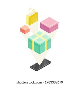 Shopping and Retail Industry with Smartphone and Boxes with Package Isometric Vector Illustration