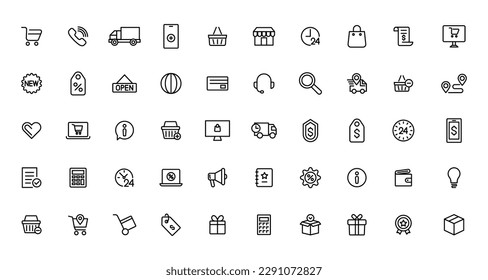 Shopping and retail line icons set. E-Commerce and retail outline icons collection. Shopping, gifts, store, shop, delivery, marketing, store, money, price
