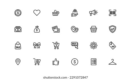 Shopping and retail line icons set. E-Commerce and retail outline icons collection. Shopping, gifts, store, shop, delivery, marketing, store, money, price
