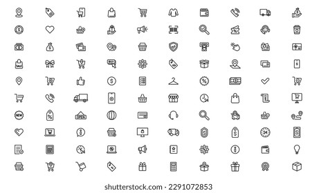 Shopping and retail line icons set. E-Commerce and retail outline icons collection. Shopping, gifts, store, shop, delivery, marketing, store, money, price
