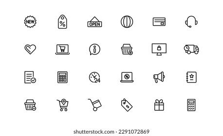 Shopping and retail line icons set. E-Commerce and retail outline icons collection. Shopping, gifts, store, shop, delivery, marketing, store, money, price
