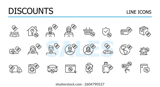 Shopping and retail. Payment discounts and loyalty cash back. Vector icons set