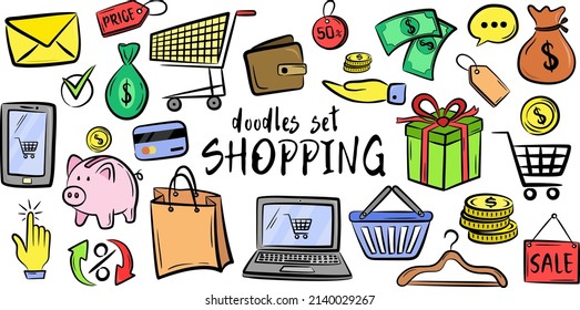 Shopping retail sale and discount doodle set isolated vector illustration isolated on white background. Colorful icons