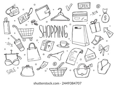 Shopping retail sale and discount doodle set isolated vector illustration isolated