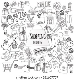 Shopping retail sale and discount doodle set isolated vector illustration