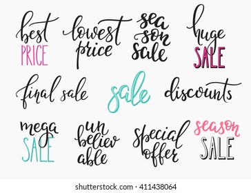 Shopping retail sale discount lettering set. Calligraphy label graphic design lettering element. Hand written calligraphy style signs. Hand craft decoration element. Huge Season sale Final discounts