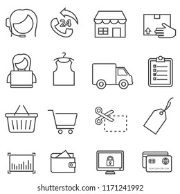 Shopping, retail, sale and online e-commerce black line icon set for web