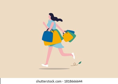 Shopping at retail store, happiness and joyful of buying discount stuff, shopaholic or fashionable concept, stylish cheerful lady woman walking and carrying lot of shopping bags.