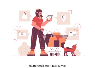 Shopping in retail store vector illustration. Woman with trolley purchasing goods from list in smartphone flat style design. Bag, geolocation pin, money and attention signs in cellphone