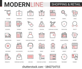 Shopping retail thin red black line icon vector illustration set. Linear commercial shop website app symbols for online order, free shopping delivery, customer web support call center editable stroke