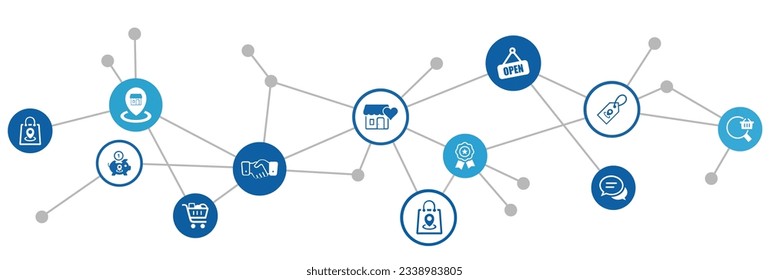 Shopping and retail vector illustration. Blue concept with icons related to shopping in store and online, discount and sale, e-commerce, consumer spending.
