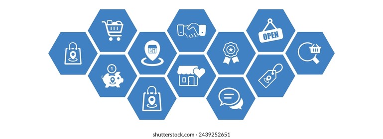 Shopping and retail vector illustration. Blue concept with icons related to shopping in store and online, discount and sale, e-commerce, consumer spending.