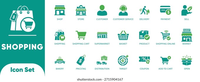 Compras y Vectores minoristas. Cuenta con símbolos de Carrito, cesta, tienda y Precio. Ideal para App de comercio electrónico, tiendas en línea e interfaz de usuario de marketing.