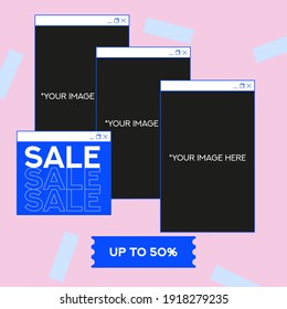 Shopping retro social media Instagram post for with sale and discount labels. Vector illustration