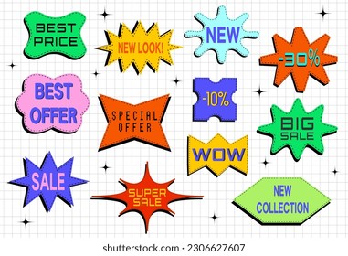 Shopping retro stickers decorative design set vector flat illustration. Sale discount trendy multicolored label badges. Collection of trendy retro sticker shapes.