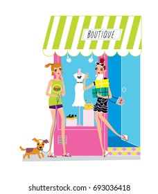 Shopping retro style happy girl holding boxes and coming out of the woman boutique shop while her meeting girl wearing casual clothes and walking with the dog. Vector illustration. 