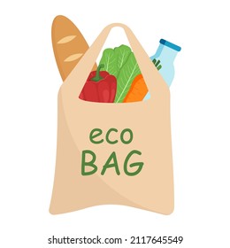 Shopping reusable bag with vegetables and products. Eco bag without plastic. The concept of zero waste. Vector illustration in flat style