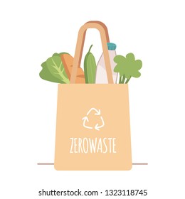 Shopping reusable grocery cloth bag with vegetables and products without packing in a flat style. Cotton eco bag, no plastic. Zero waste concept, vector illustration.