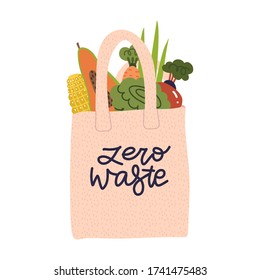 Shopping reusable grocery cloth bag with vegetables, fruits and products without packing. Cotton eco bag, no plastic concept. Zero waste lettering flat vector illustration