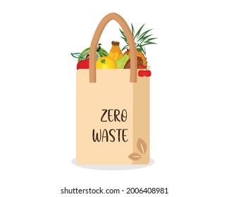 Shopping reusable grocery cloth bag with fruits without packing in a flat style.Cotton eco bag,No plastic,Zero waste concept.Vector illustration.