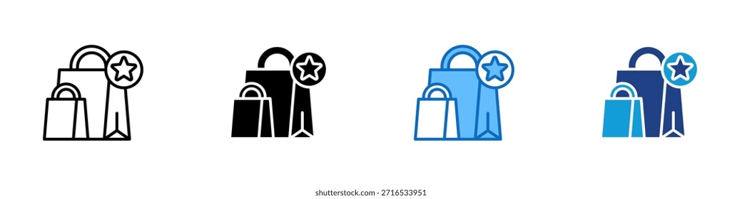 Vector de diseño de íconos de estilo múltiple: bolsos de compras con una insignia y una estrella, que simbolizan la recompensa, la lealtad o el logro de compras del Cliente