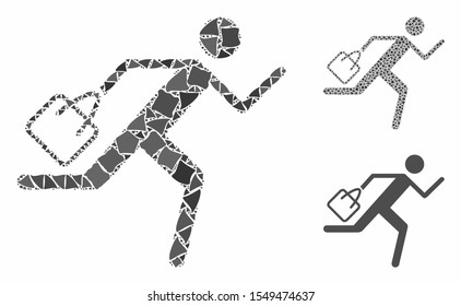 Shopping running man mosaic of bumpy items in different sizes and color tints, based on shopping running man icon. Vector rugged items are composed into collage.