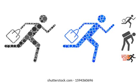 Shopping running man mosaic of circle elements in variable sizes and shades, based on shopping running man icon. Vector circle elements are combined into blue composition.