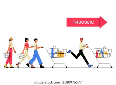 Shopping Rush With Customers Pushing Carts Toward Discounts In Flat Vector Illustration Symbolizing Retail Sales, Consumer Behavior, And Competitive Shopping, Isolated On White Background.