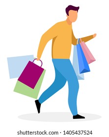 Shopping rush flat vector illustration. Shopper running in haste  with bags cartoon character. Boyfriend buys presents for sweetheart. Husband looking for Christmas. Shopaholic doing purchases 