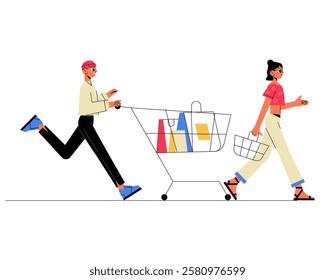 Shopping Rush With Male And Female Characters In Flat Vector Illustration Symbolizing Excitement, Retail Shopping, And Consumer Behavior, Isolated On White Background